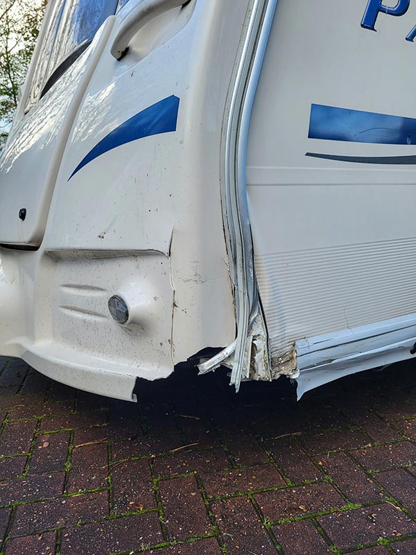 Caravan Body repairs - picture showing external damage to caravan