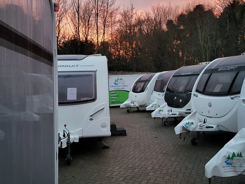 Picture taken at dusk of caravans for sale in Tyne and Wear in the North of England, UK
