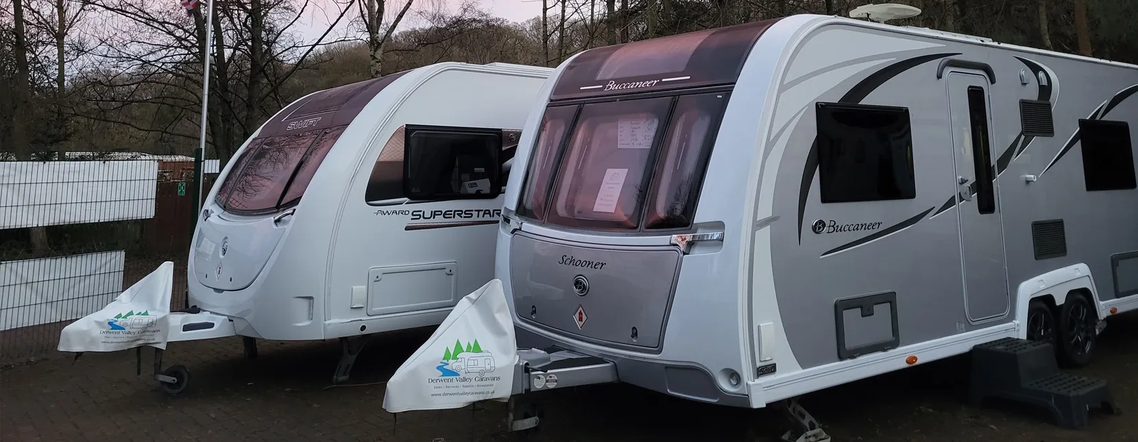 beautiful image of two caravans for sale at dusk in Tyne and Wear - North of England, UK